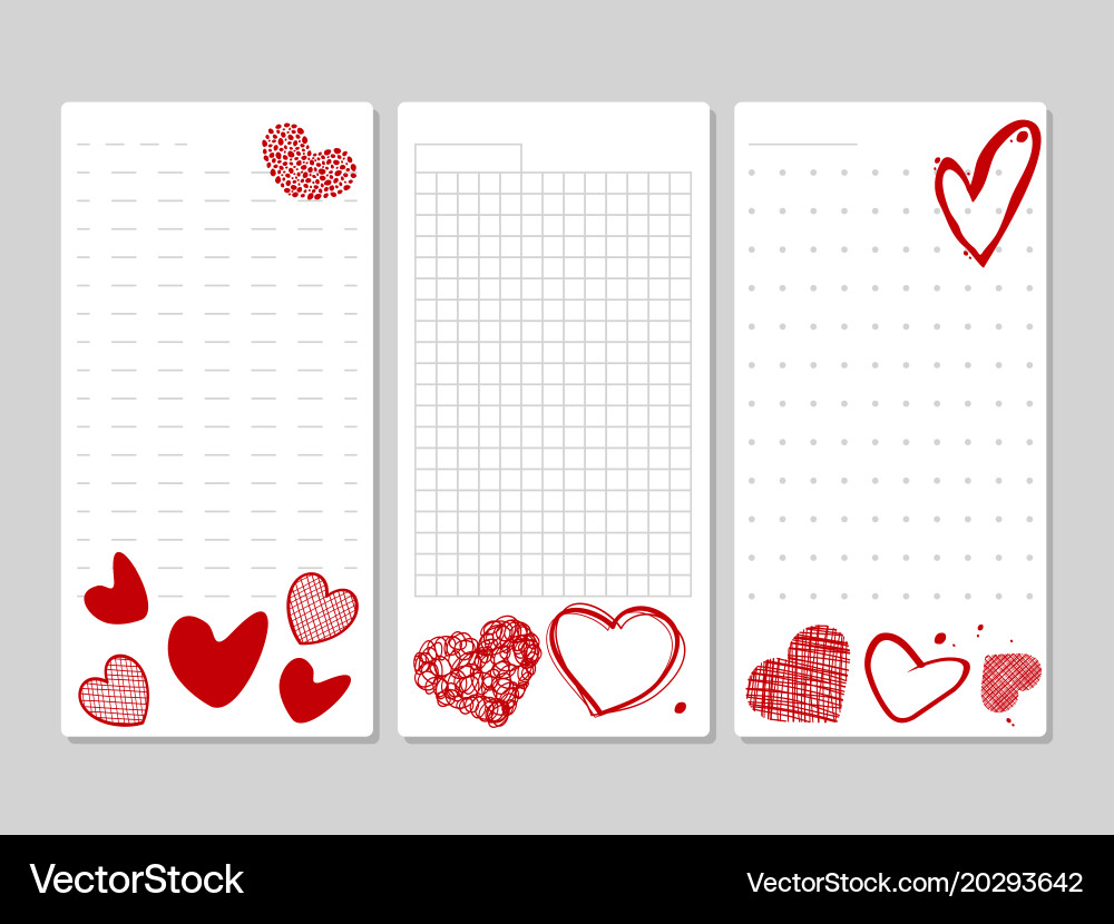 Blocks for notes and lists with hand drawn hearts vector image