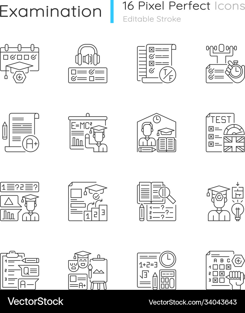 Examination tests pixel perfect linear icons set Examination tests pixel perfect linear icons set vector image