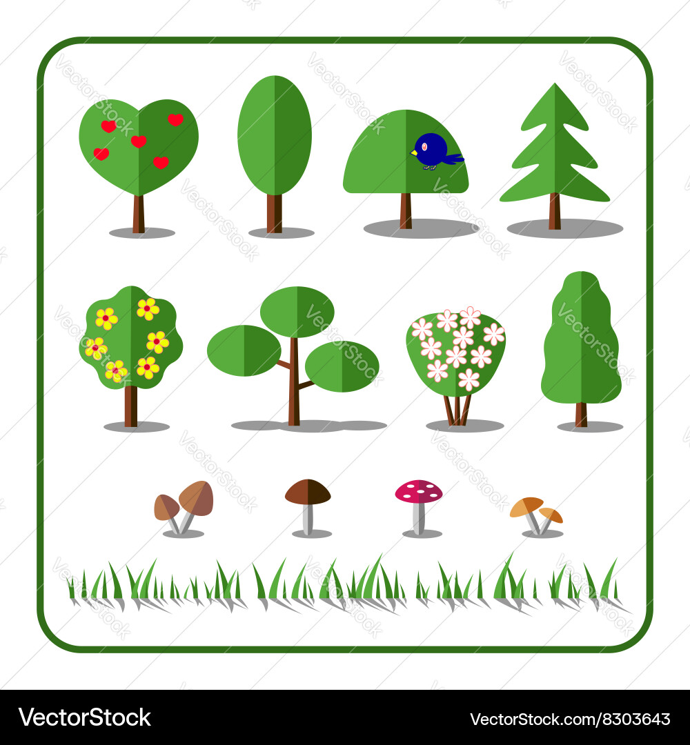 Tree icons set with mushrooms and grass vector image