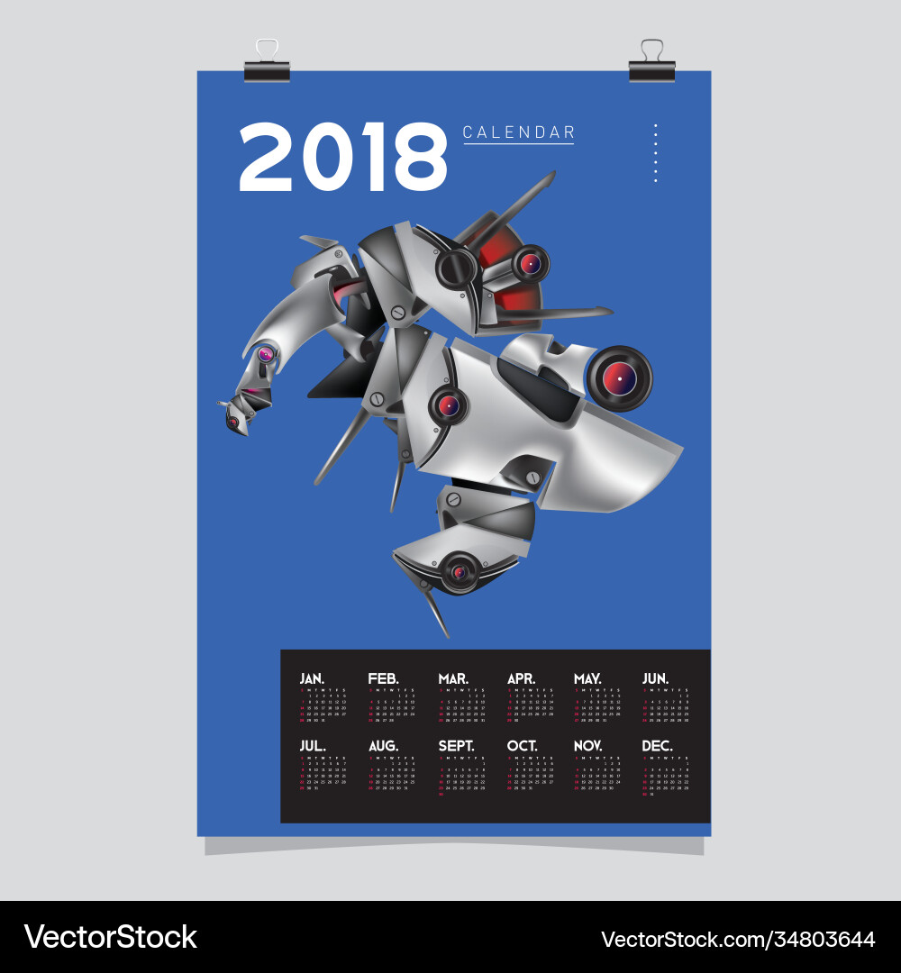 2018 calendar design template 3d realistic robot 2018 calendar design template 3d realistic robot Vector Image
