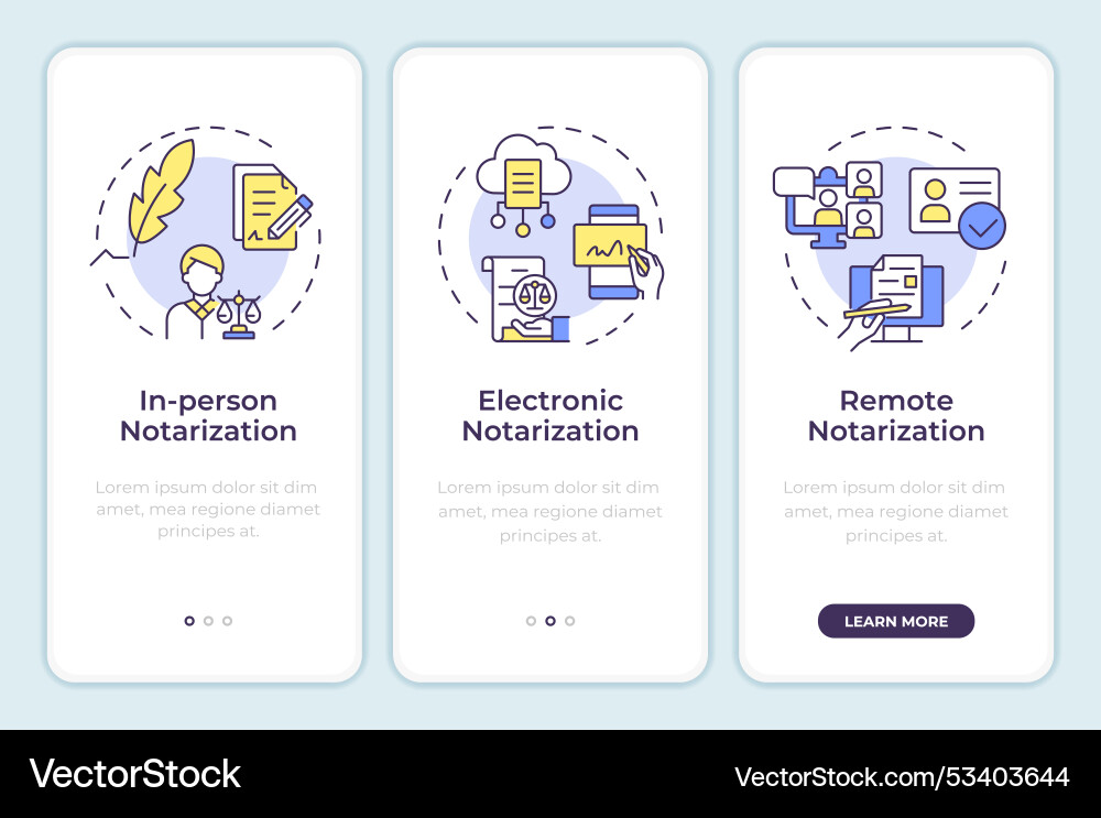 Notarization methods onboarding mobile app screen Notarization methods onboarding mobile app screen Vector Image