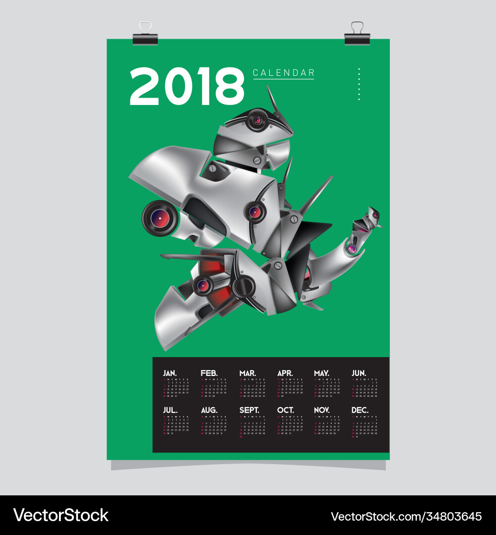 2018 calendar design template 3d realistic robot 2018 calendar design template 3d realistic robot Vector Image