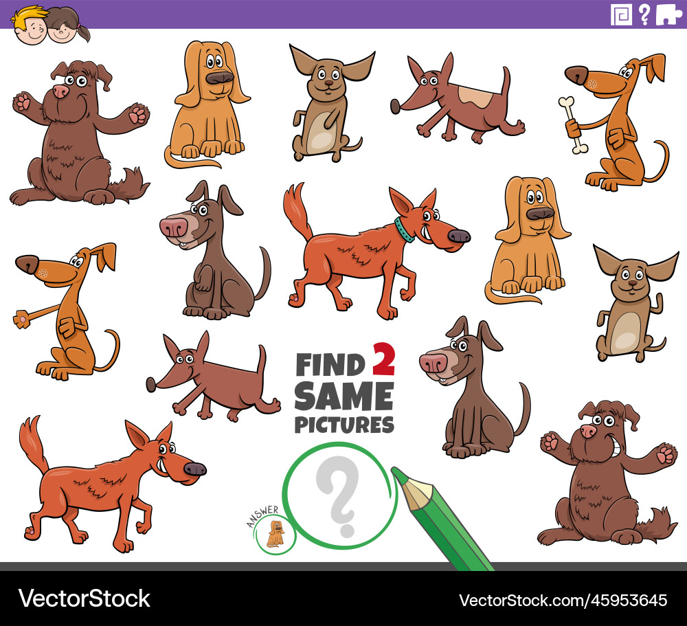 Finden Sie zwei gleiche Cartoon Hund Charaktere Bildung Finden Sie zwei gleiche Cartoon Hund Charaktere Bildung vektorbild