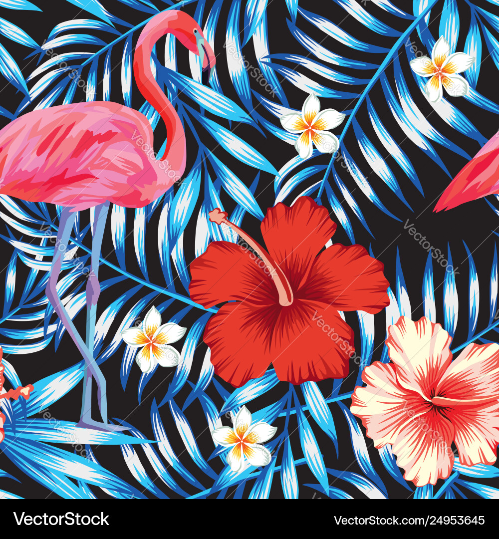 Hibiscus flamingo plumeria palm leaves blue Hibiscus flamingo plumeria palm leaves blue vector image