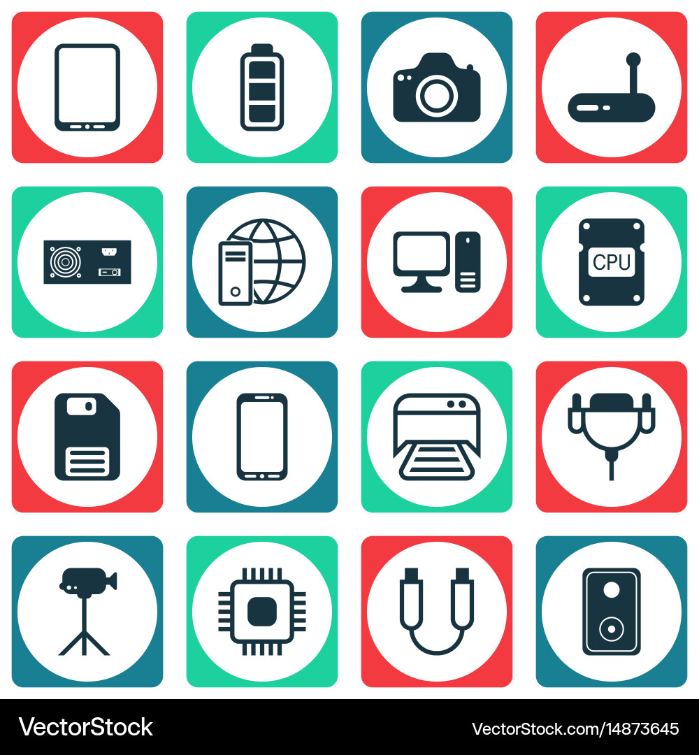 Set of 16 computer hardware icons includes Vector Image