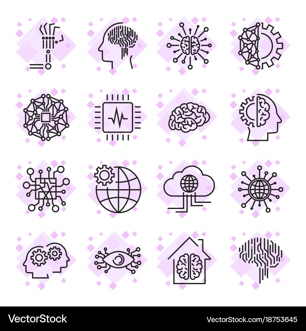 Simple set of artificial intelligence related line vector image