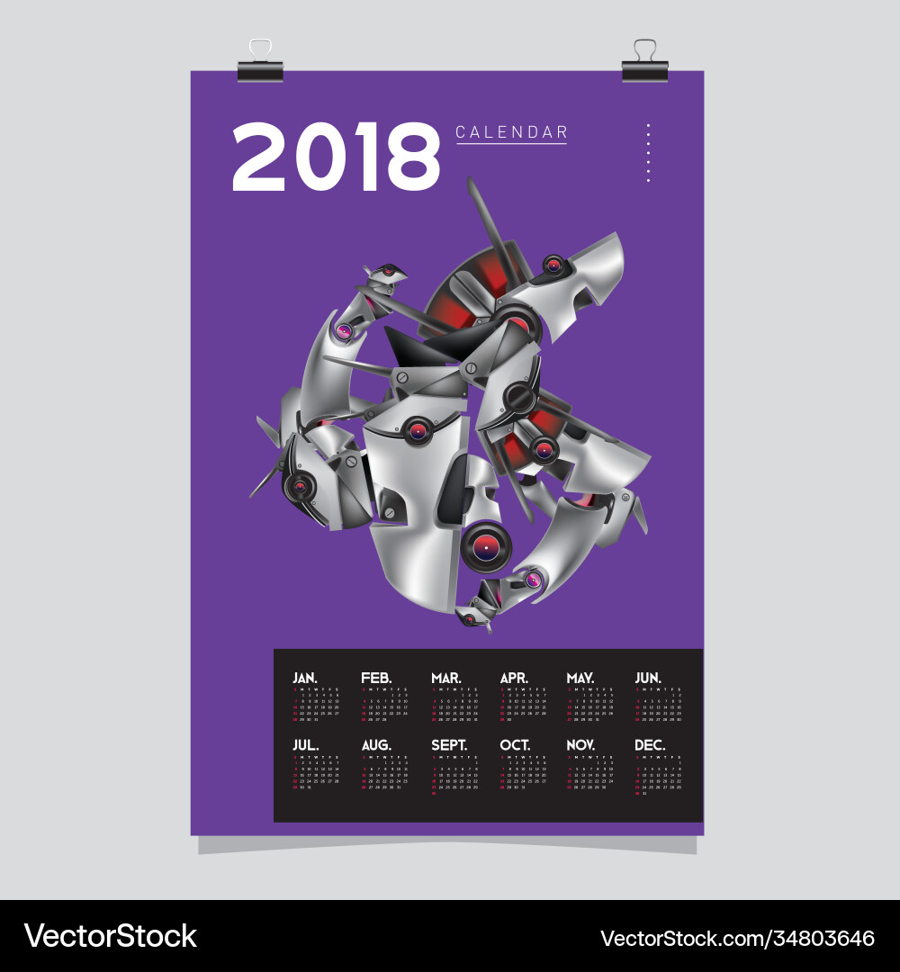 2018 calendar design template 3d realistic robot 2018 calendar design template 3d realistic robot vector image