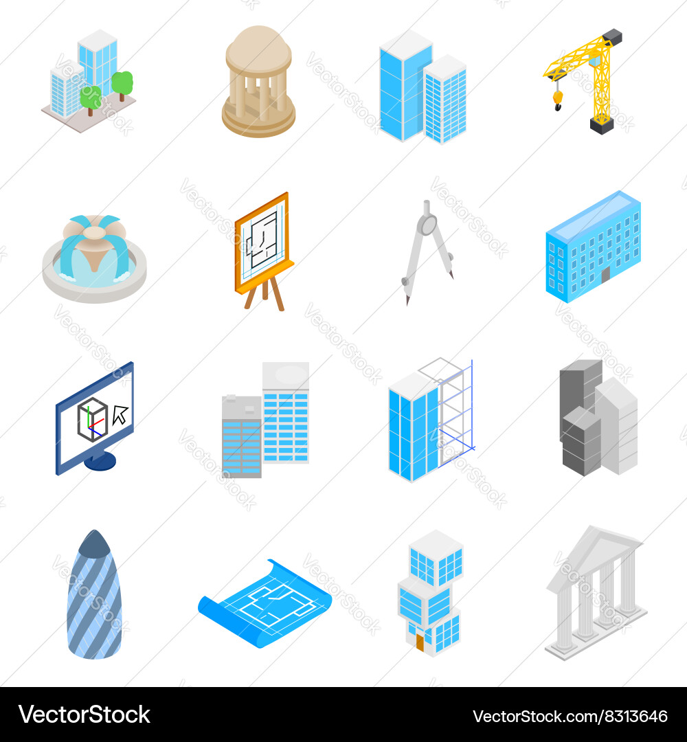 Architecture icons set isometric 3d style Vector Image