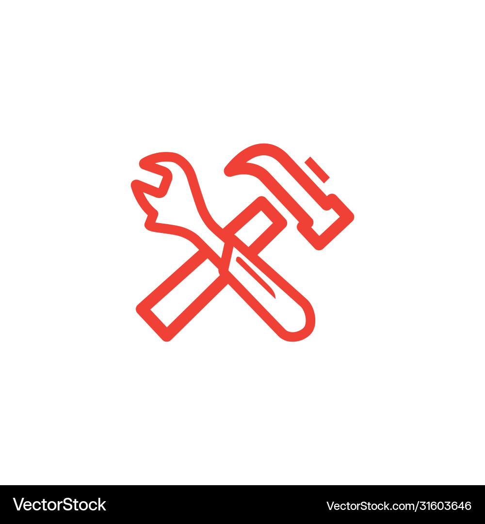 Hammer and wrench line red icon on white Vector Image