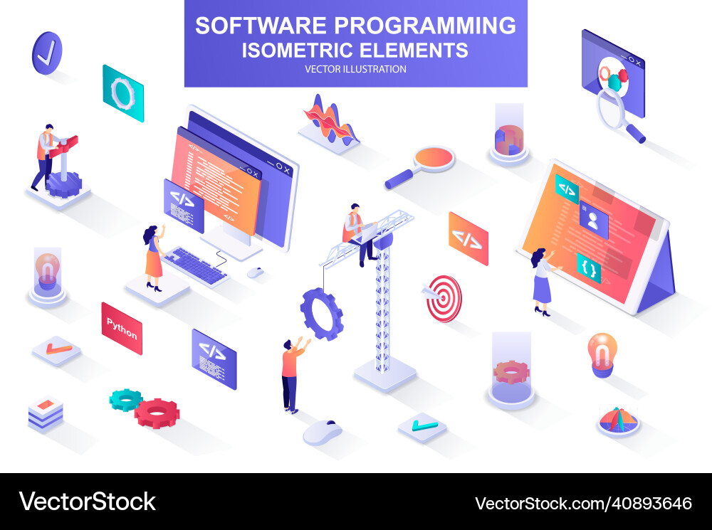 Software programming bundle of isometric elements Software programming bundle of isometric elements vector image