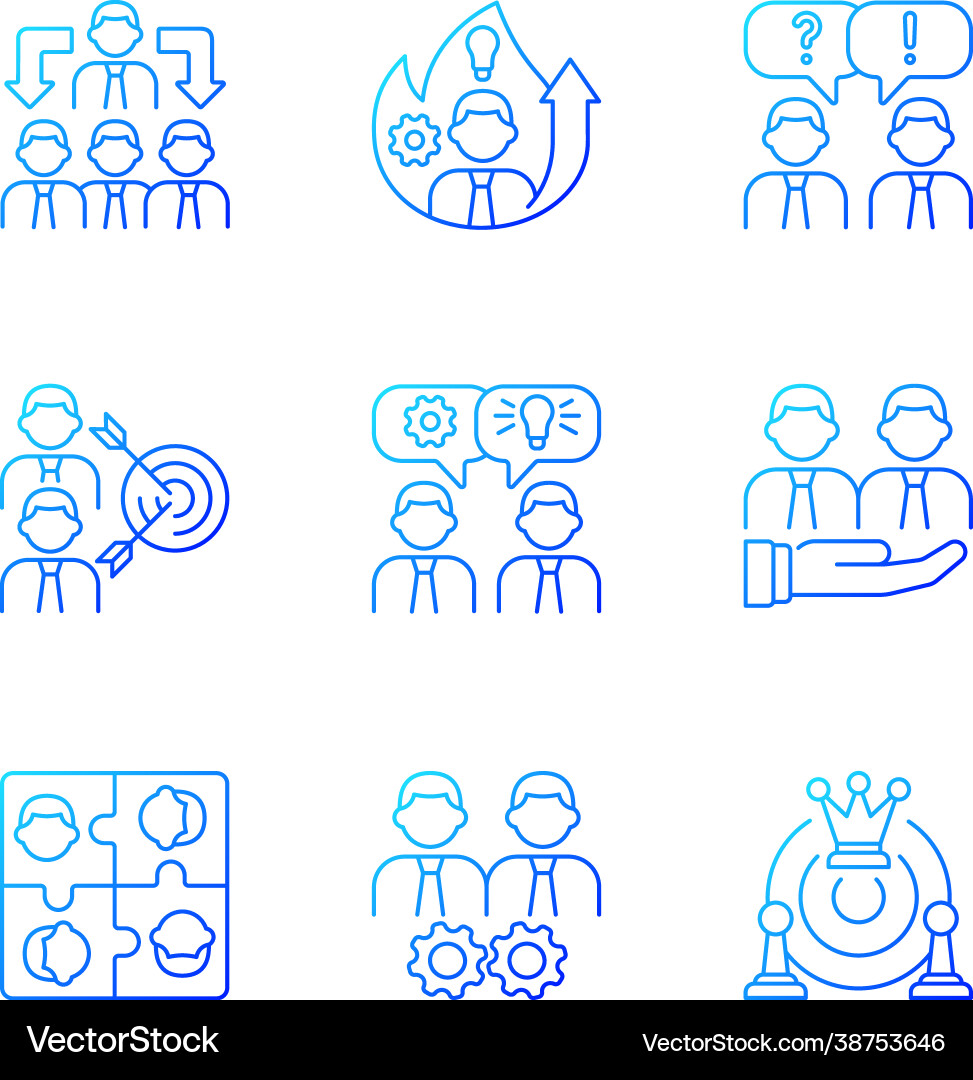 Team working gradient linear icons set Team working gradient linear icons set vector image