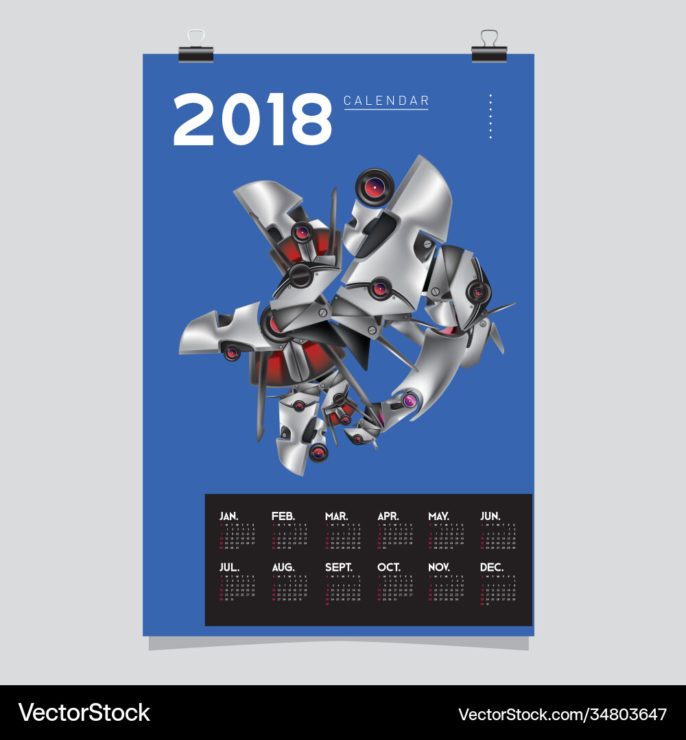 2018 calendar design template 3d realistic robot 2018 calendar design template 3d realistic robot vector image
