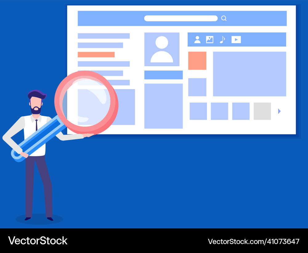 Man with magnifier looking at social network web Man with magnifier looking at social network web Vector Image