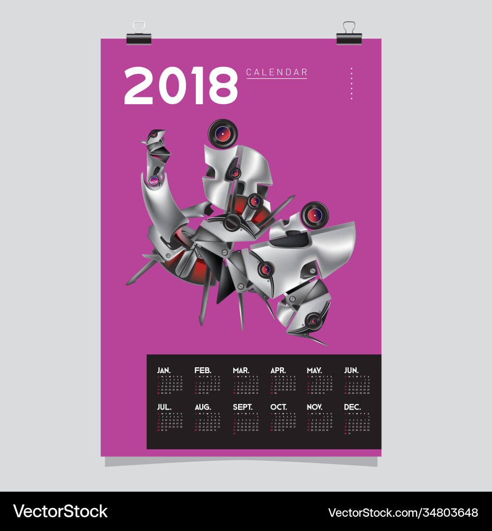 2018 calendar design template 3d realistic robot 2018 calendar design template 3d realistic robot vector image