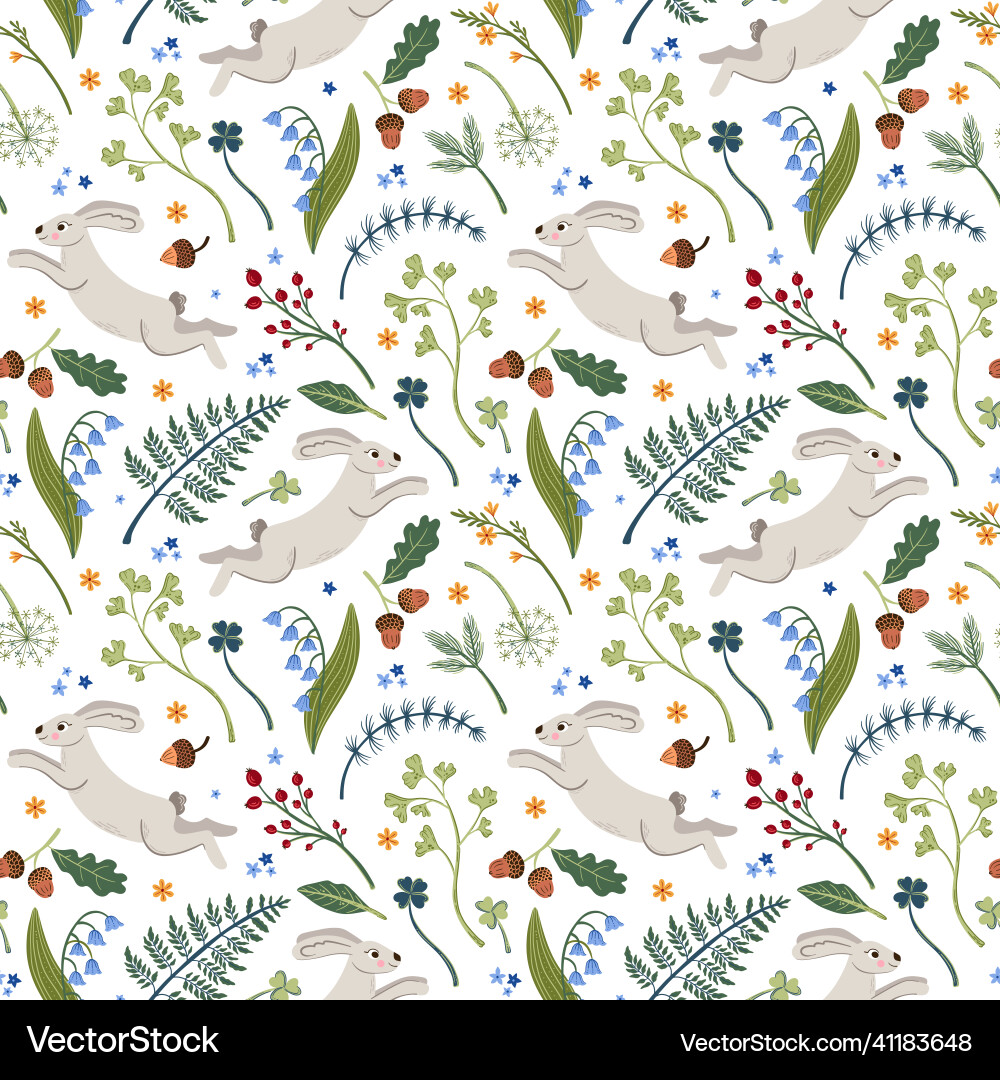 Forest seamless pattern with rabbit Vector Image