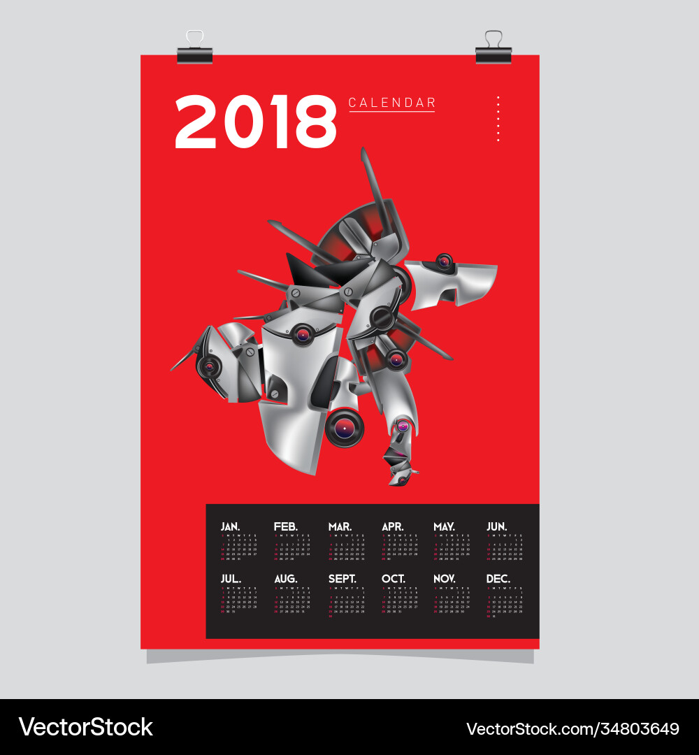 2018 calendar design template 3d realistic robot 2018 calendar design template 3d realistic robot vector image