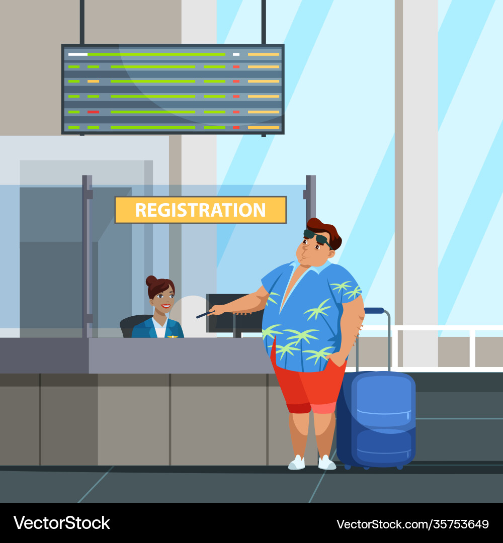 Übergewichtiger Mann Reisender beim Check-in am Flughafen Vektorbild