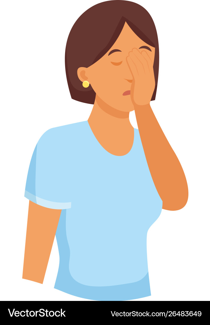 Cute brunette woman in blue shirt cover his face Cute brunette woman in blue shirt cover his face vector image