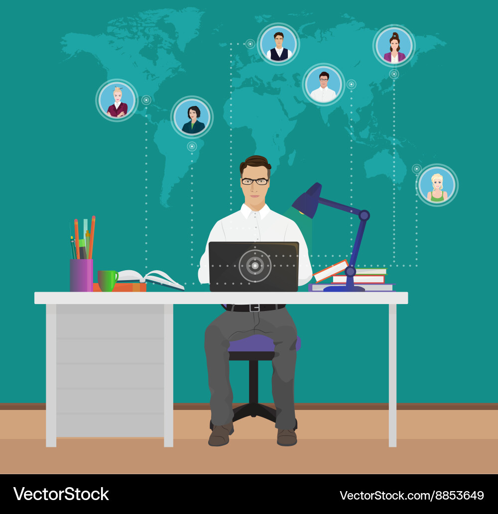 Man with laptop on table talking texting Vector Image