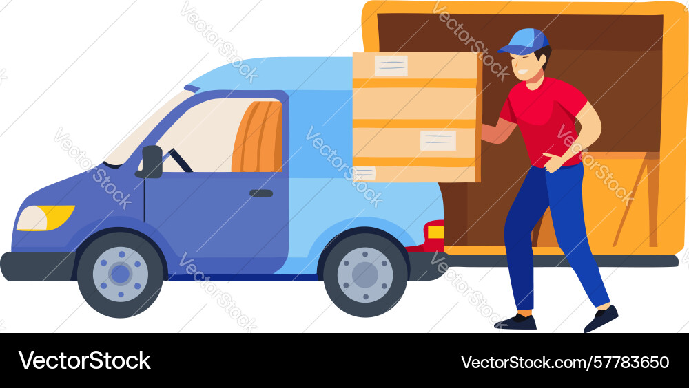 Fast parcel delivery driver unloading boxes from Vector Image
