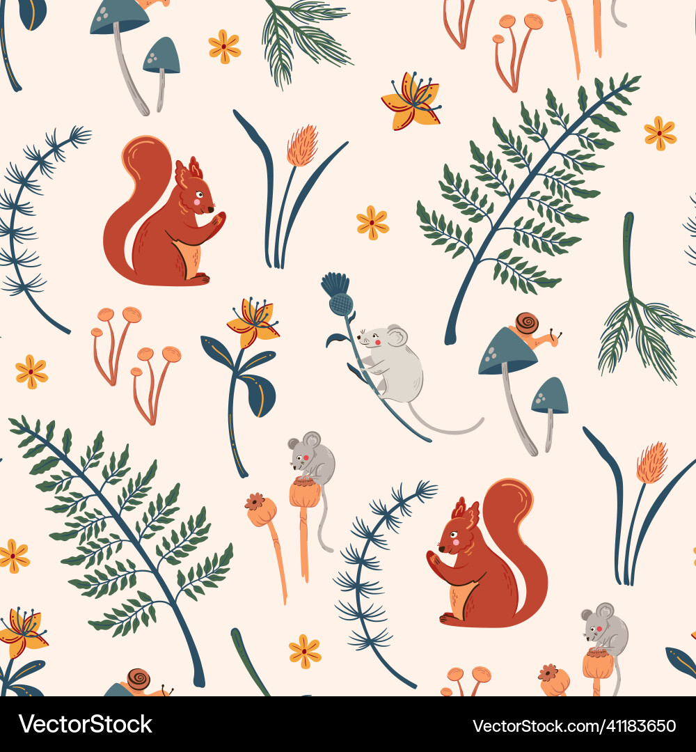 Forest seamless pattern with field mice squirrel Forest seamless pattern with field mice squirrel vector image