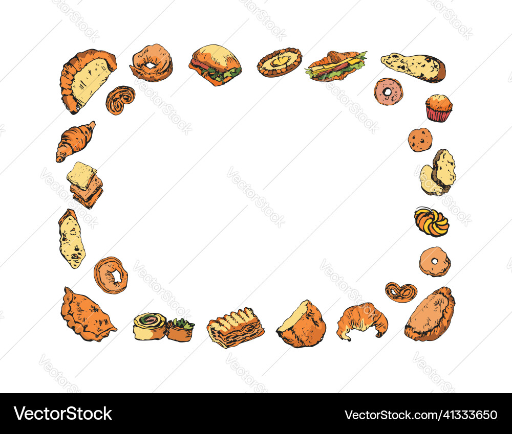 Rectangular frame made of bread and bakery items Rectangular frame made of bread and bakery items vector image