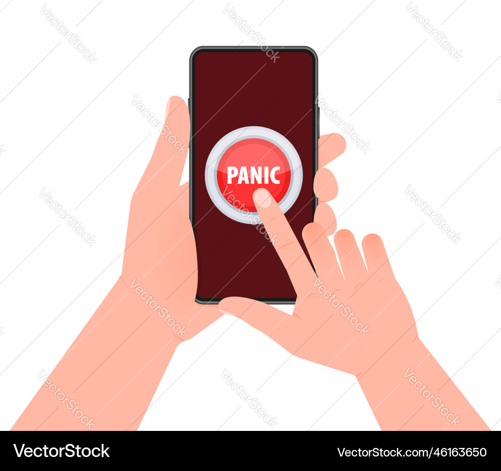 Red button with help text panic hand pressing Red button with help text panic hand pressing Vector Image