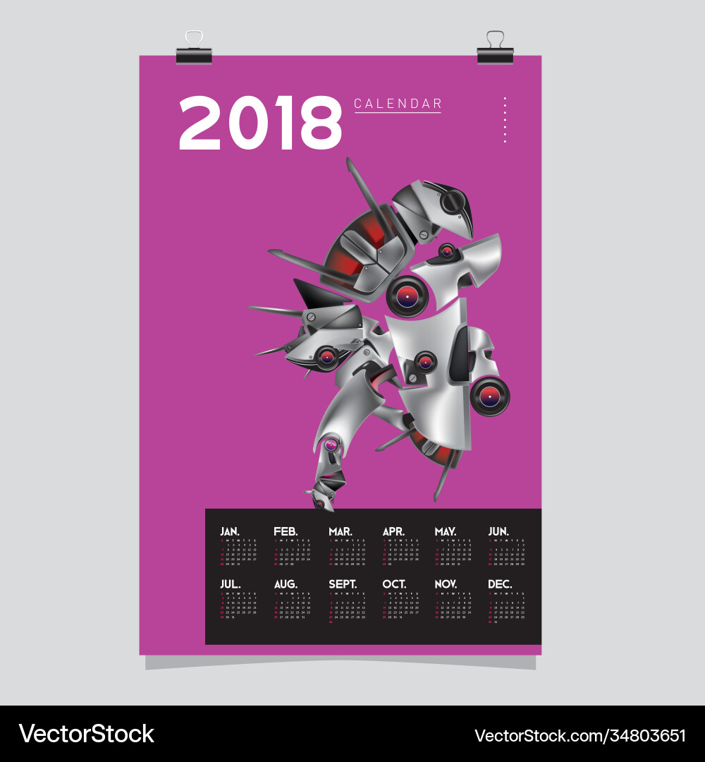 2018 calendar design template 3d realistic robot 2018 calendar design template 3d realistic robot vector image