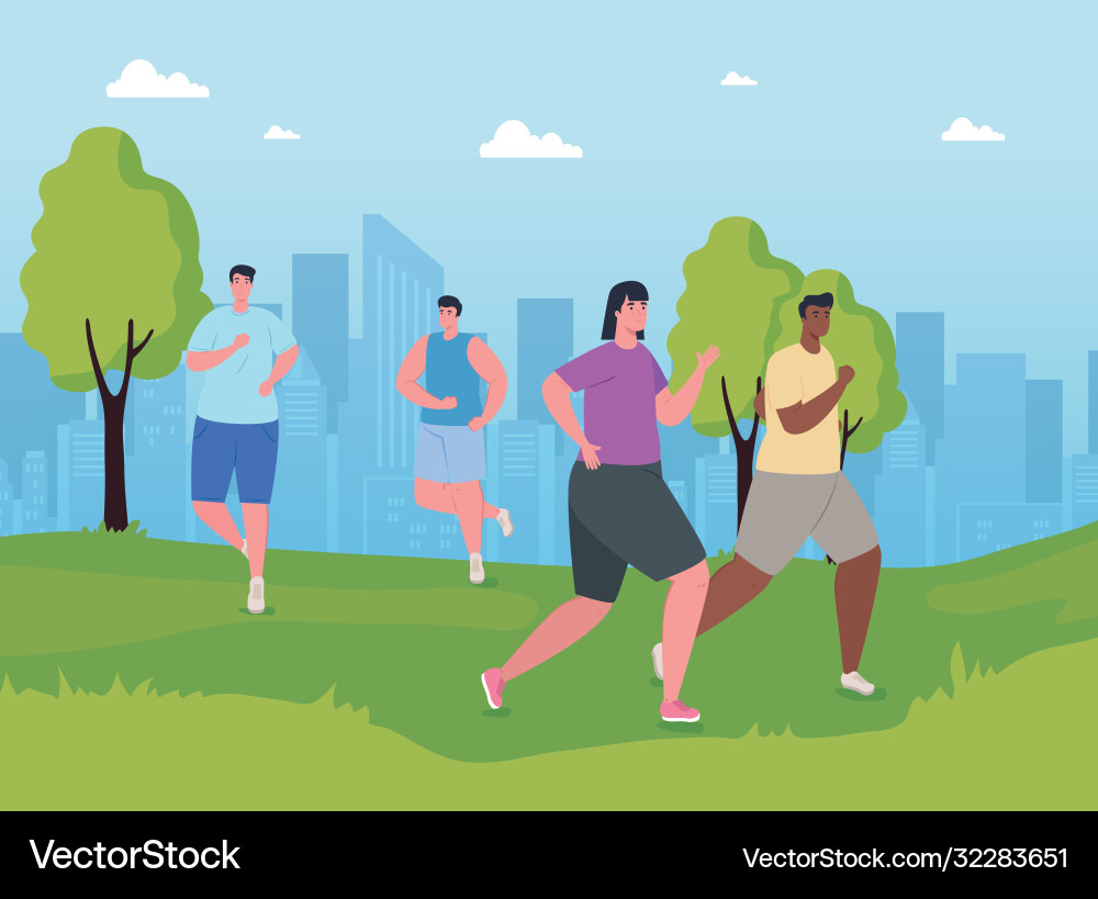 People marathoners running in park men People marathoners running in park men vector image