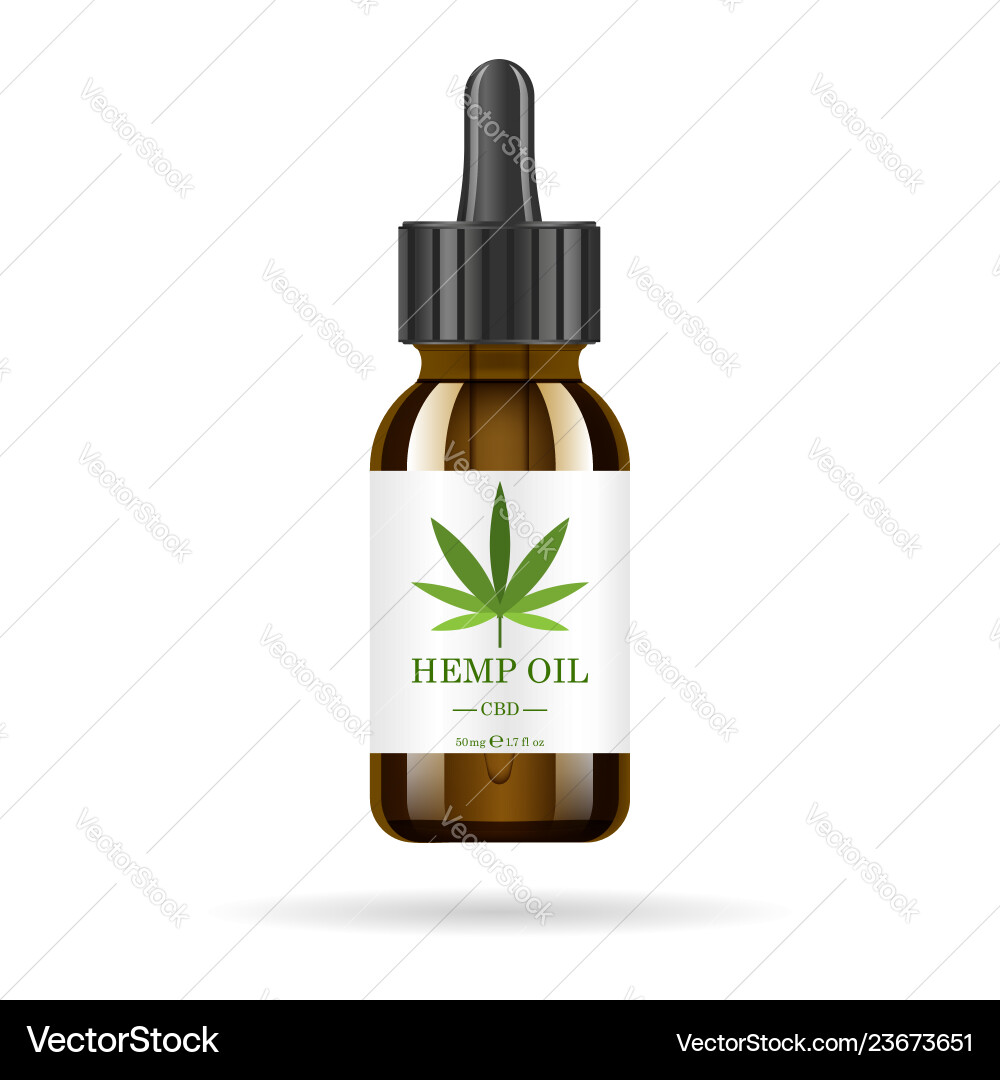 Realistic brown glass bottle with hemp oil mock Realistic brown glass bottle with hemp oil mock vector image