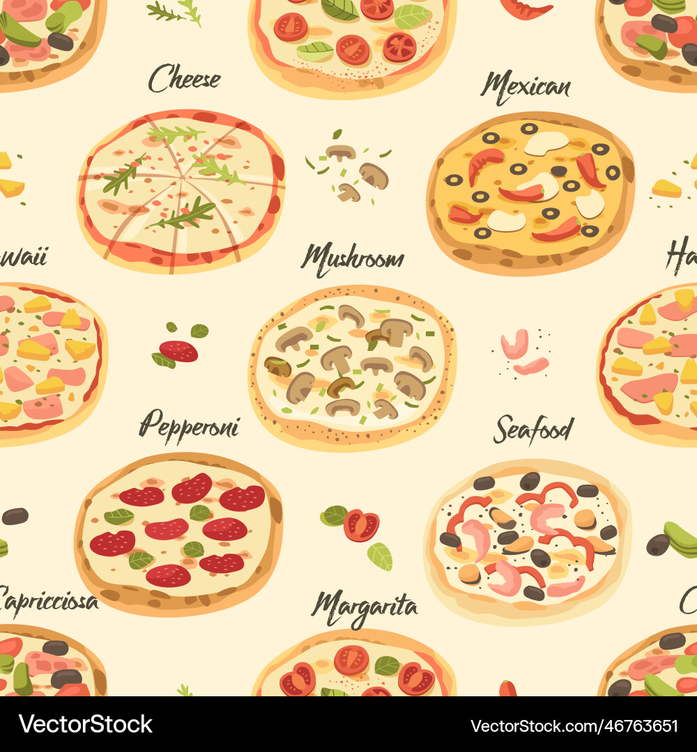 Seamless pattern depicts pizzas in various sizes Seamless pattern depicts pizzas in various sizes Vector Image
