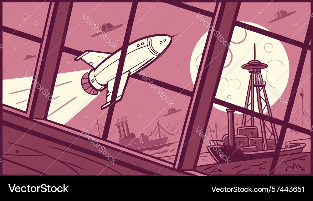 Spaceship window view of rocket launch galactic vector image