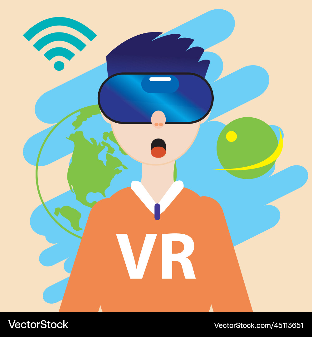 Young man moving objects using vr device showing Young man moving objects using vr device showing vector image