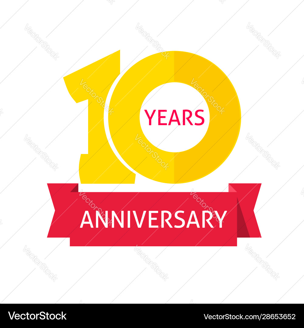 10 years anniversary logo with red ribbon 10 years anniversary logo with red ribbon vector image