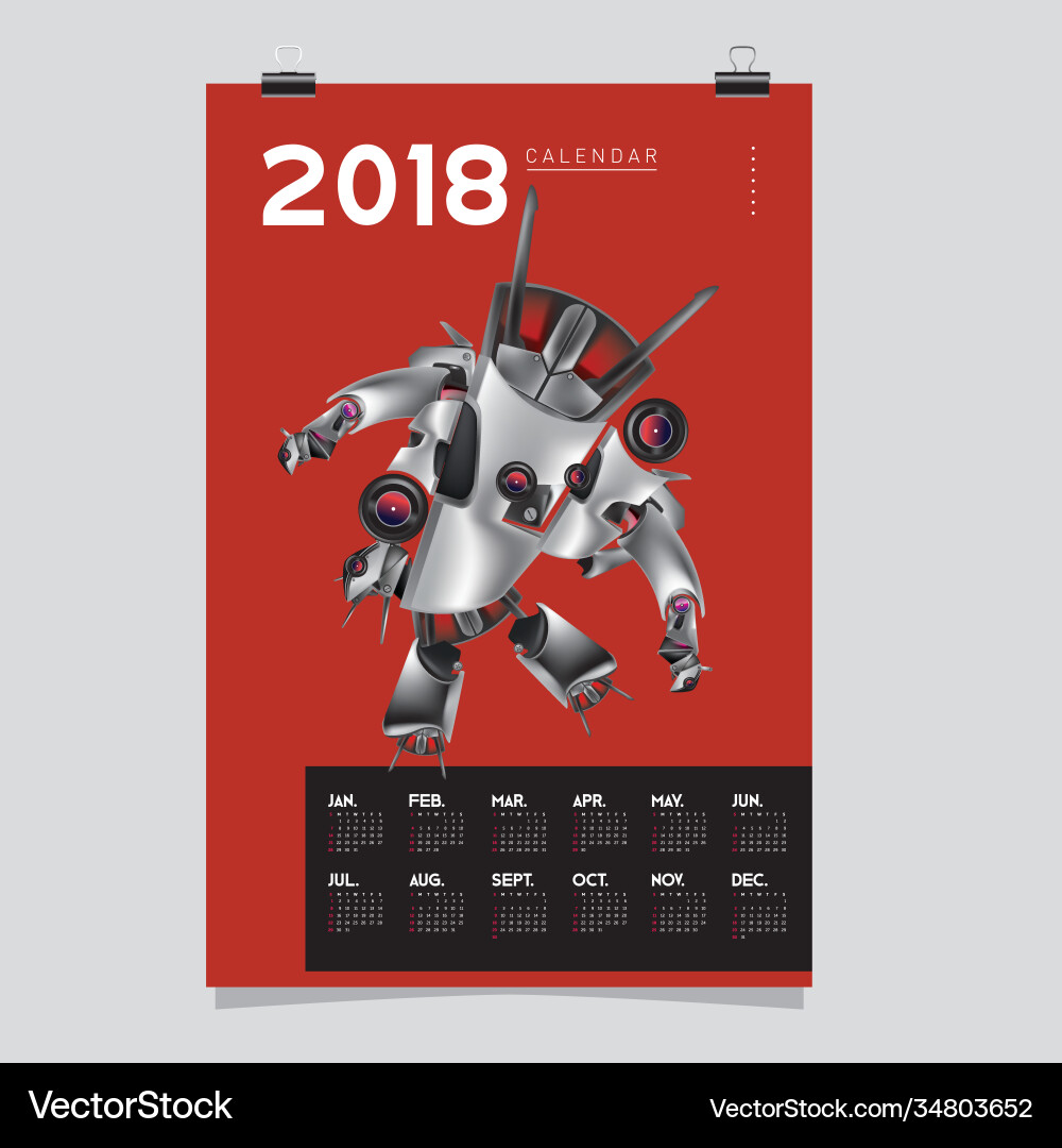 2018 calendar design template 3d realistic robot 2018 calendar design template 3d realistic robot vector image