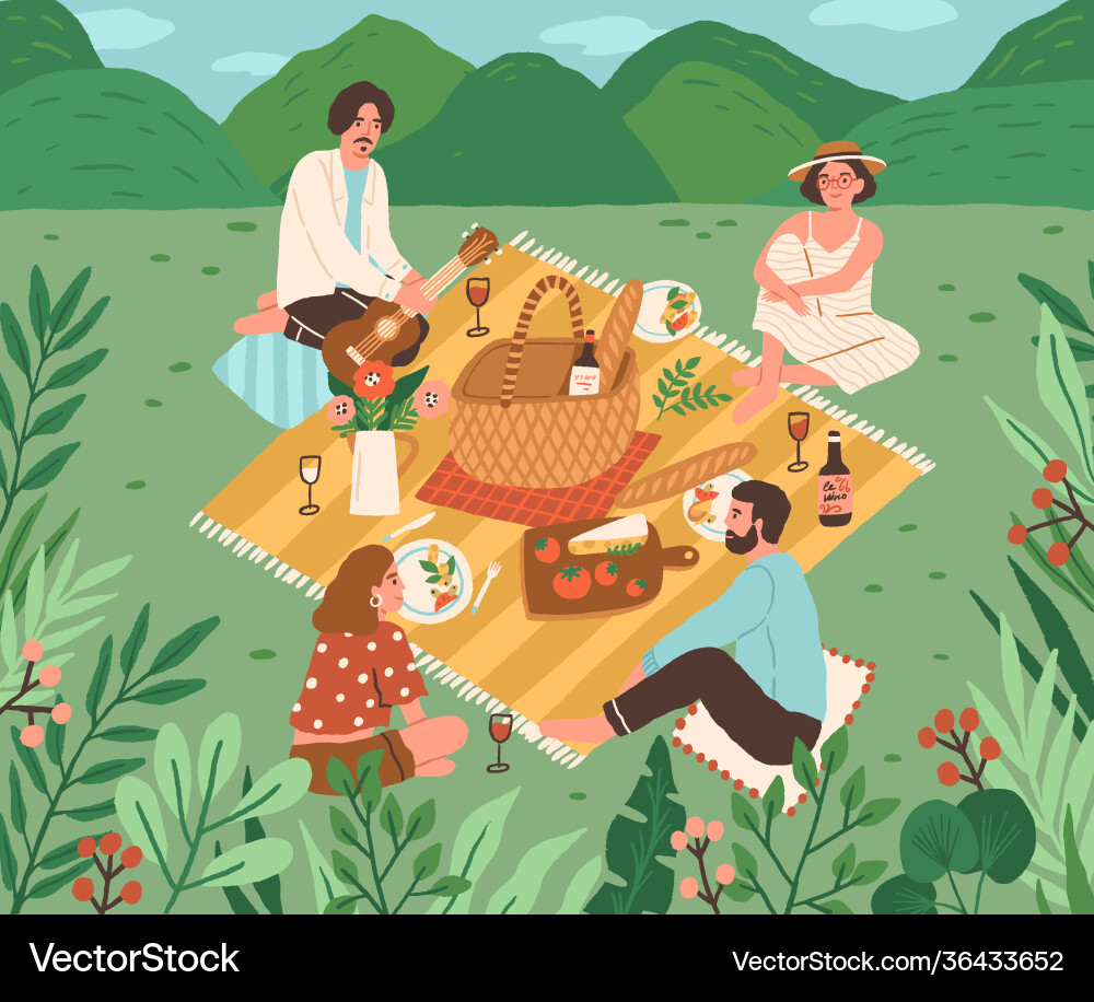 Happy friends having lunch outdoor young men vector image