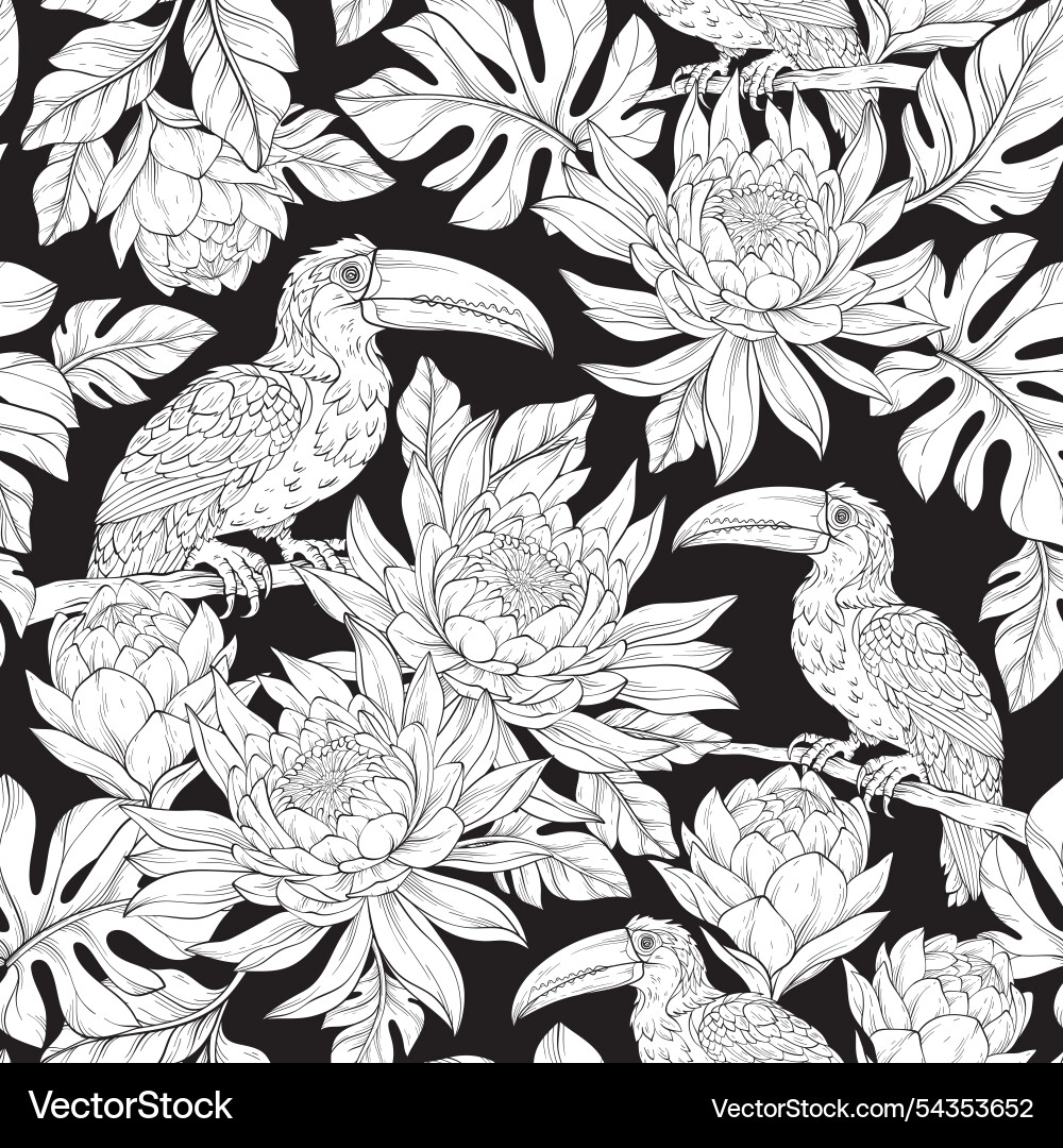 Seamless line art pattern with toucan bird Seamless line art pattern with toucan bird vector image