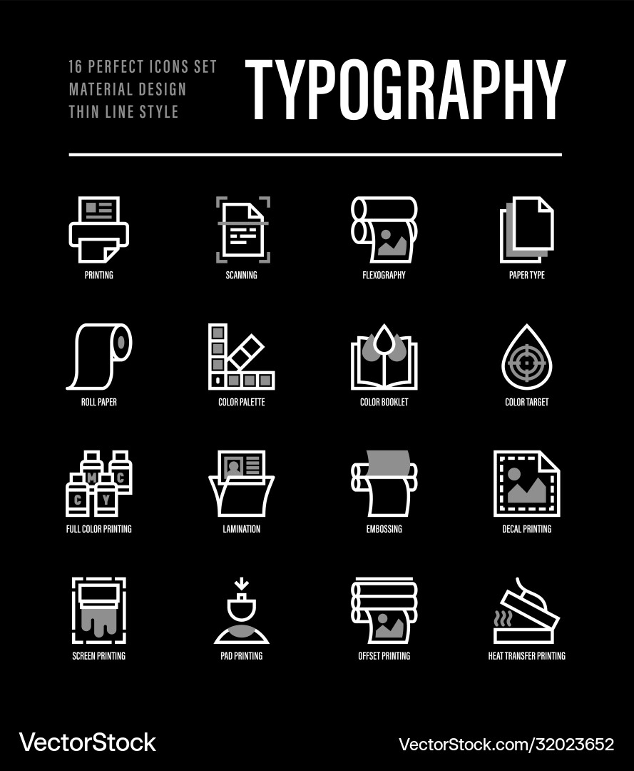 Typography polygraphy thin line icons set Typography polygraphy thin line icons set vector image