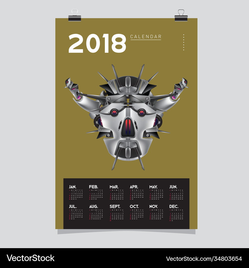 2018 calendar design template 3d realistic robot vector image
