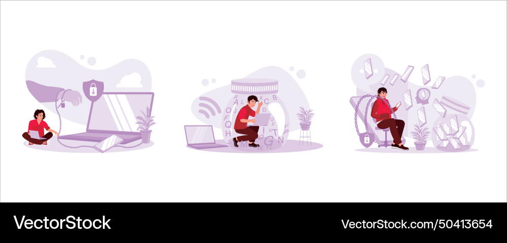Man using a laptop with chained hands Vector Image