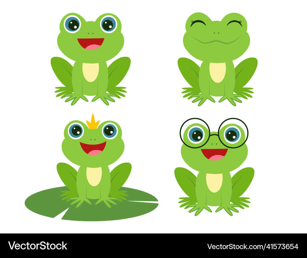 Set of green smiling frogs sit cartoon style Set of green smiling frogs sit cartoon style vector image