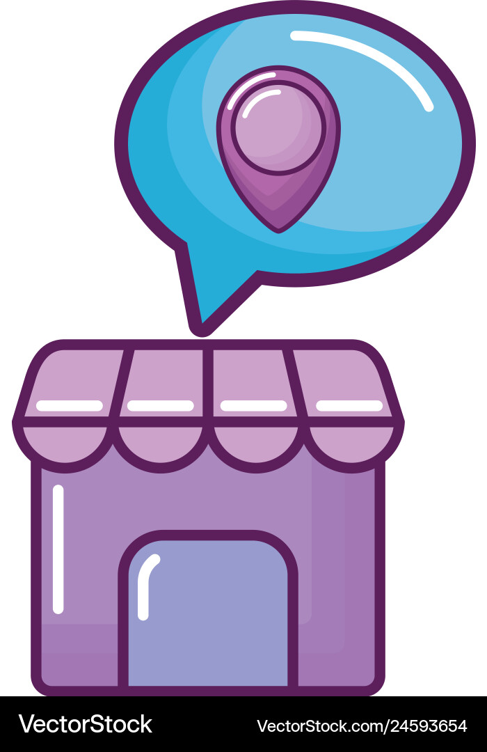 Store building with speech bubble and pin location Store building with speech bubble and pin location vector image