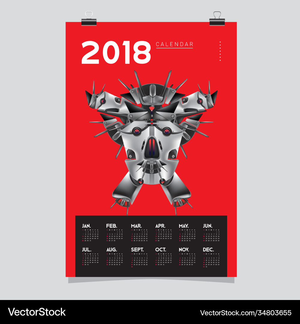 2018 calendar design template 3d realistic robot 2018 calendar design template 3d realistic robot vector image