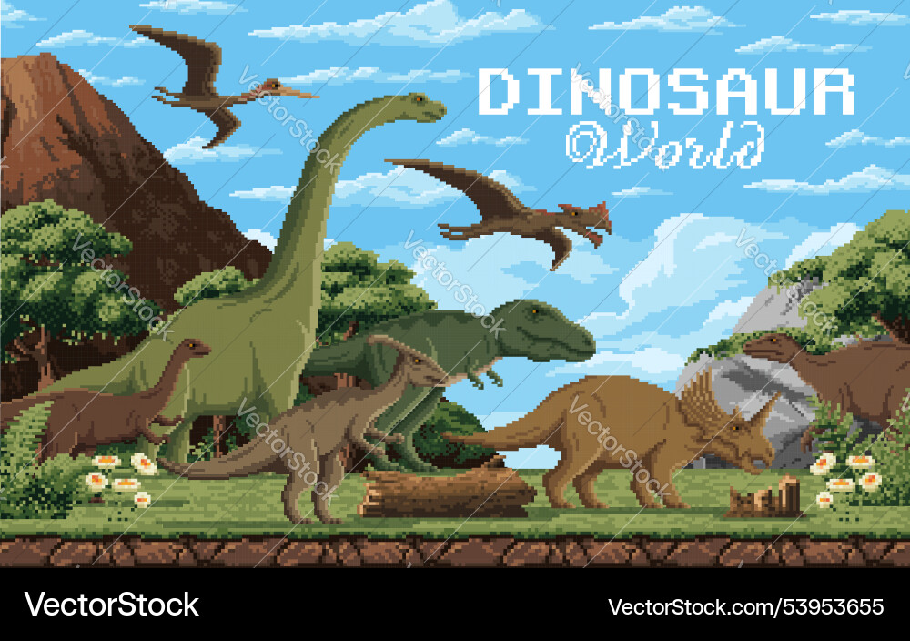 8 bit pixel art prehistoric dinosaurs retro scene 8 bit pixel art prehistoric dinosaurs retro scene vector image