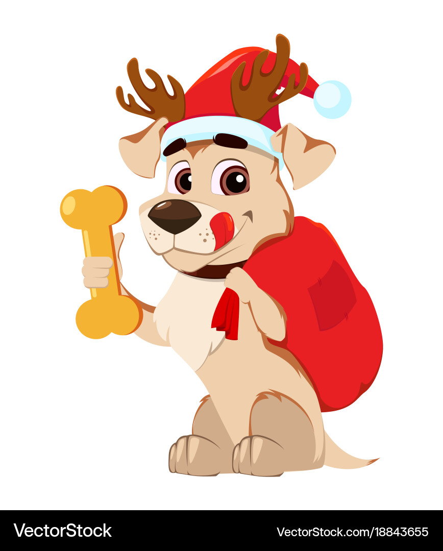 Cute Dog with Santa Hat and Antlers Vector Image