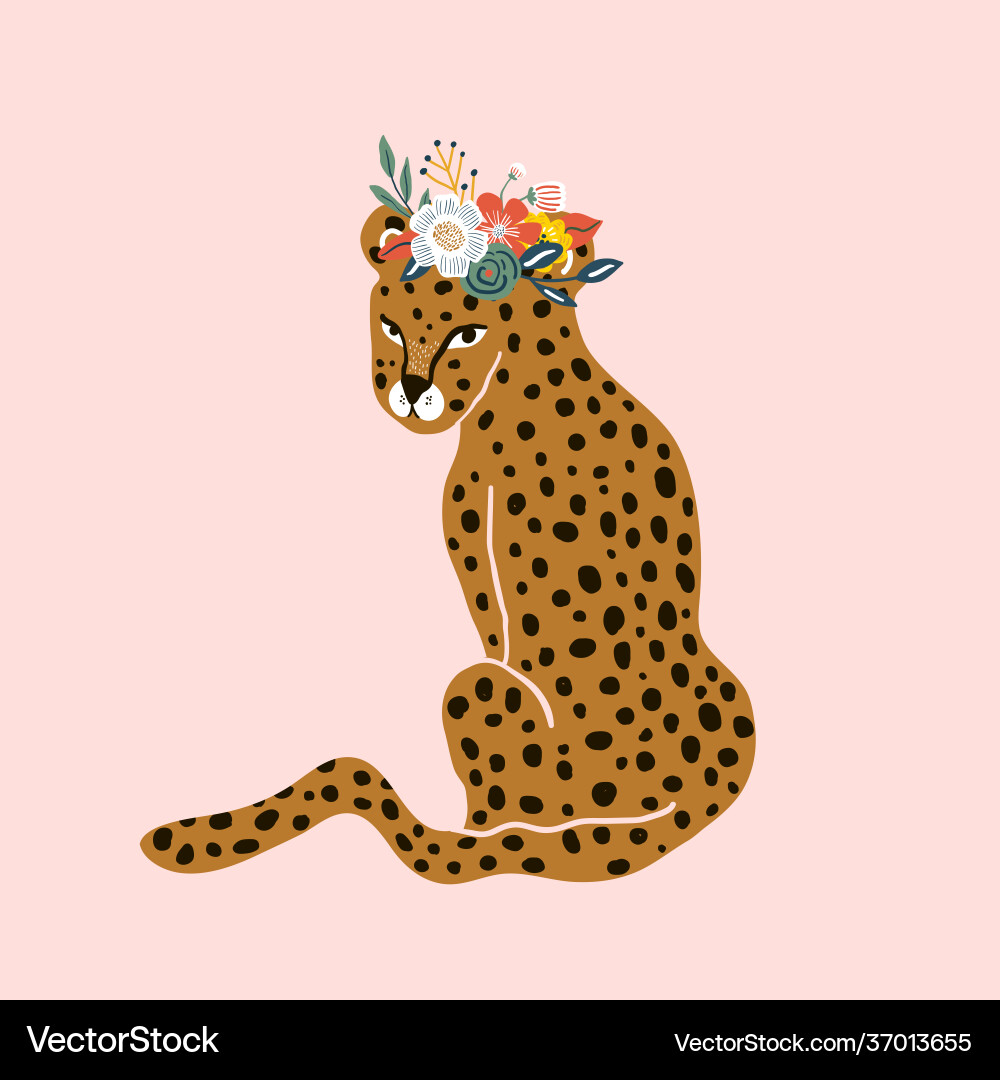 Hand drawn pink leopard in with floral wreath Hand drawn pink leopard in with floral wreath vector image