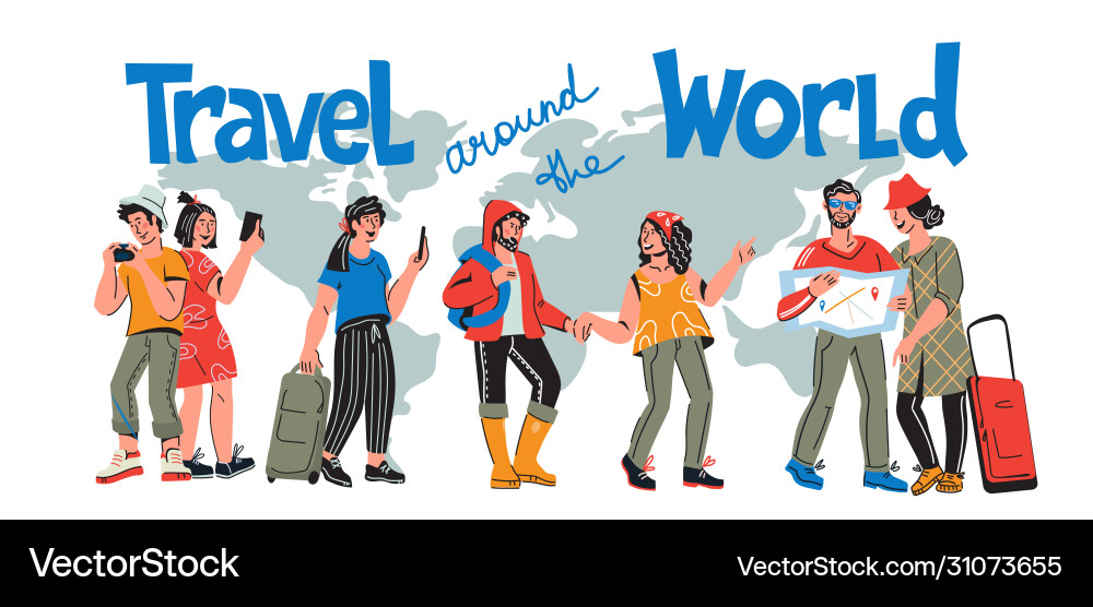 Internationales Tourismus-Banner mit Reisenden Internationales Tourismus-Banner mit Reisenden vektorbild