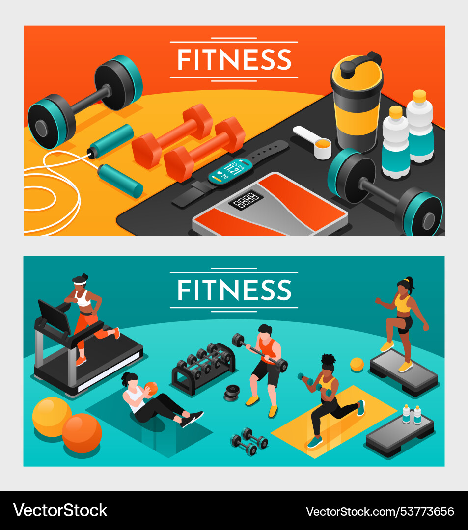 Fitness banners with gym equipment and exercises Fitness banners with gym equipment and exercises vector image