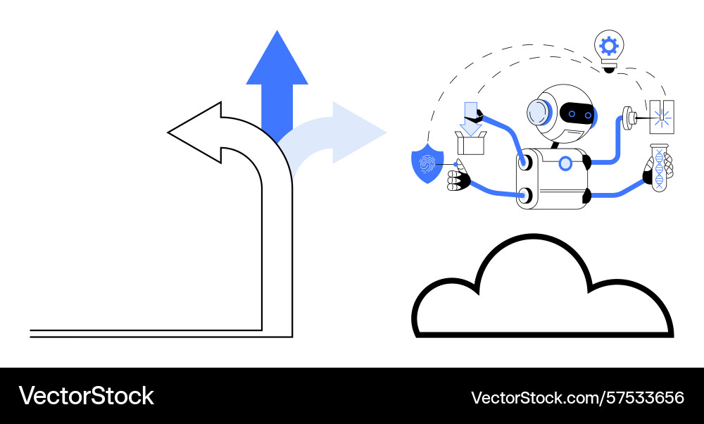 Robot managing multiple tasks with cloud Robot managing multiple tasks with cloud vector image