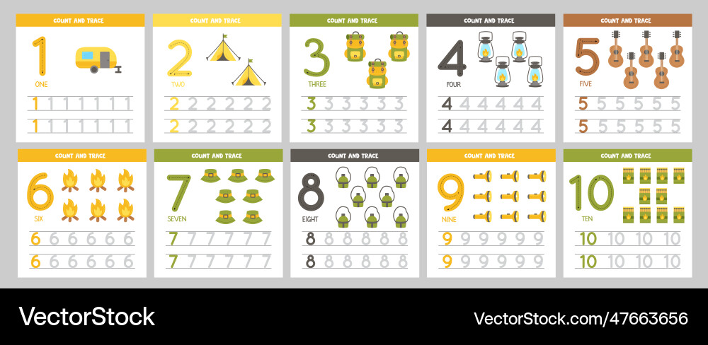 Set of number tracing flashcards with cute Set of number tracing flashcards with cute vector image